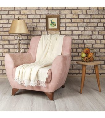 Betires Home Akrilik-Pamuklu Püsküllü Süngersiz Bej Tekli Koltuk Örtüsü 130x170 cm