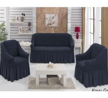 Nusret Pamuklu - Polyester Bürümcük Fırfırlı Süngersiz Kareli Giydirmeli Antrasit Üçlü Koltuk Örtüsü 230x180 cm