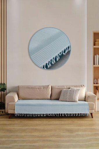 Vagonik Sofia Pamuklu Polar Saçaklı Süngersiz Düz Mavi Tekli Koltuk Örtüsü 115x201 cm