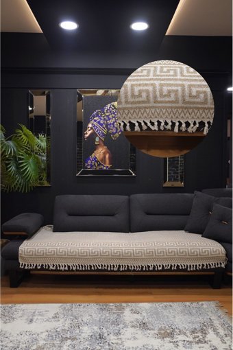 Star Home Collections Pamuklu Polar Saçaklı Süngersiz Geometrik Desenli Kahverengi Tekli Koltuk Örtüsü 120x220 cm