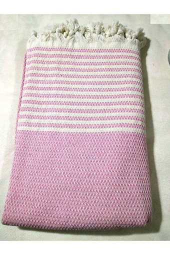 Mandaş Pamuklu Püsküllü Süngersiz Çizgili Pembe Tekli Koltuk Örtüsü 180x304 cm