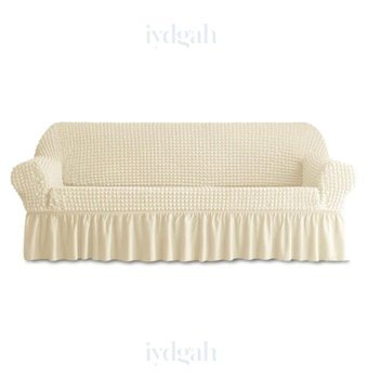 Iydgah Polyester Bürümcük-Likralı Fırfırlı Süngersiz Kapitone Giydirmeli Krem Üçlü Koltuk Örtüsü 180x230 cm