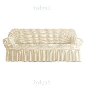 Iydgah Polyester Bürümcük-Likralı Fırfırlı Süngersiz Kapitone Giydirmeli Krem Üçlü Koltuk Örtüsü 180x230 cm