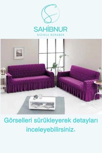 Sahibnur Pamuklu - Polyester Likralı Jakarlı Süngersiz Geometrik Desenli Giydirmeli Mor İkili Koltuk Örtüsü 185x215 cm