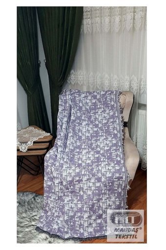 Mandaş Pamuklu Saçaklı Süngersiz Geometrik Desenli Mor Tekli Koltuk Örtüsü 170x220 cm