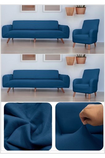 Btf Home Polyester Likralı Jakarlı Süngersiz Armürlü Giydirmeli Lastikli Mavi Sekizli Koltuk Örtüsü 180x230 cm