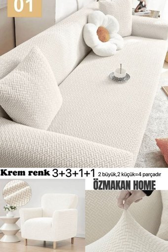 Özmakan Pamuklu - Polyester Likralı Jakarlı Süngersiz Çizgili Giydirmeli Bej Dörtlü Koltuk Örtüsü 180x230 cm