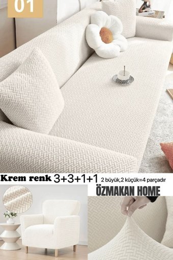 Özmakan Pamuklu - Polyester Likralı Jakarlı Süngersiz Çizgili Giydirmeli Bej Dörtlü Koltuk Örtüsü 180x230 cm