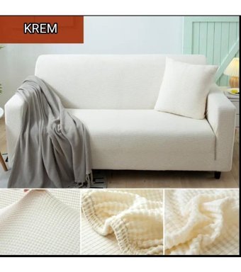 Güzel Aral GA-280 Pamuklu - Polyester Düz Giydirmeli Lastikli Bej Üçlü Koltuk Örtüsü 180x220 cm