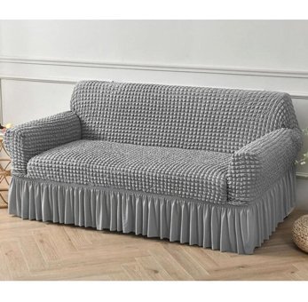Furkanticaret Polyester Bürümcük-Likralı Fırfırlı Süngersiz Kapitone Giydirmeli Gri Üçlü Koltuk Örtüsü 180x230 cm