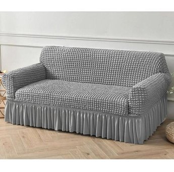 Furkanticaret Polyester Bürümcük-Likralı Fırfırlı Süngersiz Kapitone Giydirmeli Gri Üçlü Koltuk Örtüsü 180x230 cm