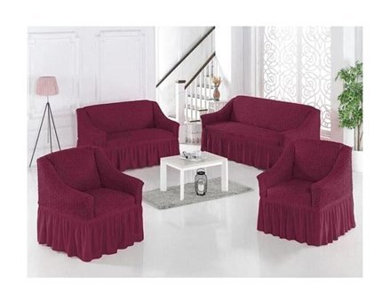 Uytm Polyester Bürümcük-Likralı Drapeli Süngerli Çizgili Giydirmeli Bordo Dörtlü Koltuk Örtüsü 180x230 cm