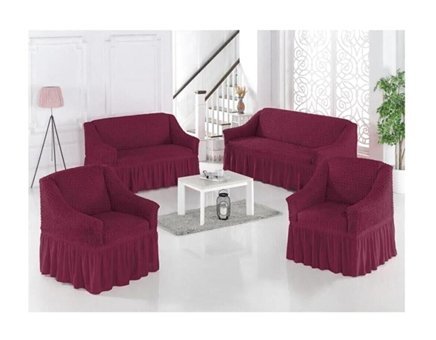 Uytm Polyester Bürümcük-Likralı Drapeli Süngerli Çizgili Giydirmeli Bordo Dörtlü Koltuk Örtüsü 180x230 cm