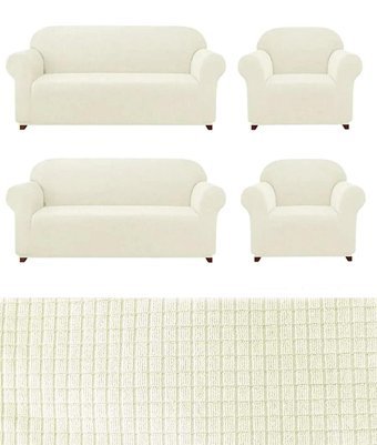 Uytm Pamuklu - Polyester Bürümcük-Likralı Süngerli Çizgili Giydirmeli Bej Dörtlü Koltuk Örtüsü 180x230 cm