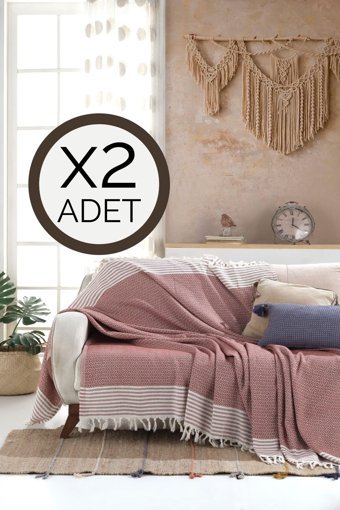 Lux Touch Bergama Pamuklu Püsküllü Süngersiz Geometrik Desenli Kiremit İkili Koltuk Örtüsü 180x200 cm