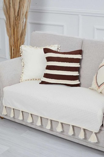 Aisha's Design KO-23-IK Pamuklu Örgü Püsküllü Süngersiz Düz Bej Tekli Koltuk Örtüsü 90x155 cm