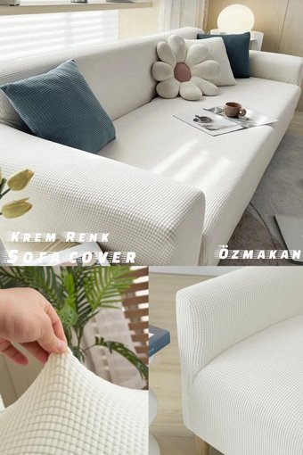 Özmakan Pamuklu - Polyester Likralı Jakarlı Süngersiz Petek Desenli Giydirmeli Bej Tekli Koltuk Örtüsü 180x230 cm