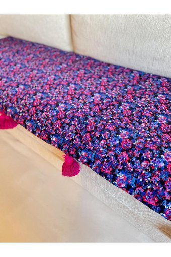 Macra Home Runner Pamuklu Örgü Ponponlu-Püsküllü Süngersiz Çiçek Desenli Mor Tekli Koltuk Örtüsü 175x60 cm