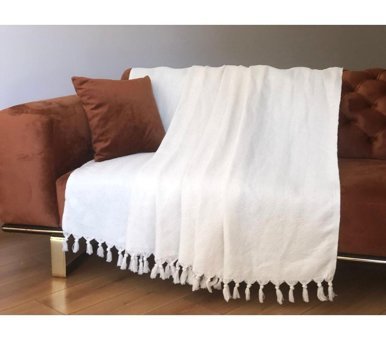 Koza Home Pamuklu - Polyester Saçaklı Süngersiz Çizgili Bej Tekli Koltuk Örtüsü 180x220 cm