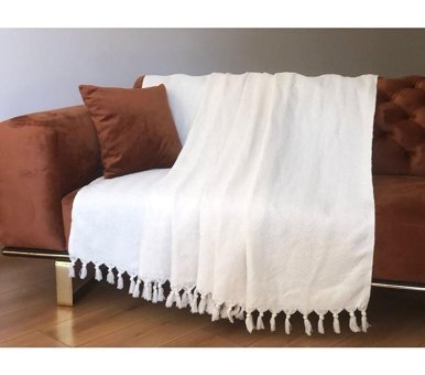 Koza Home Pamuklu - Polyester Saçaklı Süngersiz Çizgili Bej Tekli Koltuk Örtüsü 180x220 cm