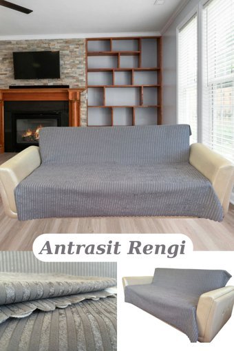 Kanway Kadife Süngerli Çizgili Krem Tekli Koltuk Örtüsü 175x210 cm