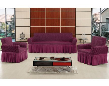 Altınkoza Pamuklu - Polyester Likralı Fırfırlı Süngersiz Petek Desenli Giydirmeli Lastikli Mor Dörtlü Koltuk Örtüsü 170x210 cm