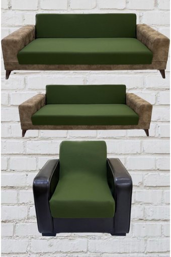 Şahane Ev Mikro Polyester Likralı Jakarlı Süngersiz Düz Giydirmeli Lastikli Haki Üçlü Koltuk Örtüsü 23x83 cm
