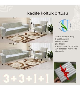 Uy Style Tekstil Kadife Süngerli Armürlü Giydirmeli Bej Dörtlü Koltuk Örtüsü 180x230 cm