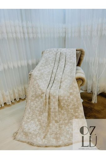 Özlü Home Pamuklu - Polyester Örgü Saçaklı Süngersiz Çizgili Bej Tekli Koltuk Örtüsü 170x220 cm