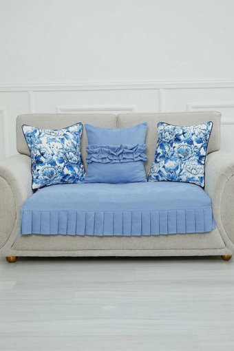 Aisha's Design KO-28 Polyester Örgü Pileli Süngersiz Düz Mavi İkili Koltuk Örtüsü 34x48 cm