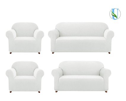 Uy Style Tekstil Polyester Likralı Süngerli Armürlü Giydirmeli Beyaz Dörtlü Koltuk Örtüsü 180x230 cm