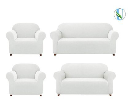 Uy Style Tekstil Polyester Likralı Süngerli Armürlü Giydirmeli Beyaz Dörtlü Koltuk Örtüsü 180x230 cm