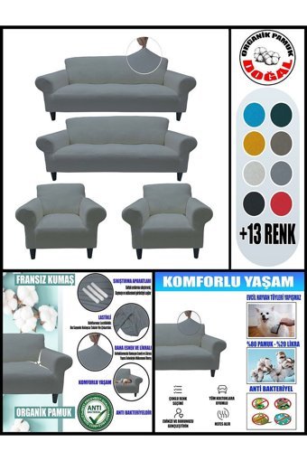 Kılıfsan Pamuklu Süngersiz Düz Giydirmeli Gri Dörtlü Koltuk Örtüsü 140 cm