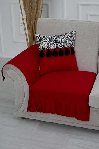 Aisha's Design KTK-3 Polyester Örgü Pileli Süngersiz Düz Kırmızı Tekli Koltuk Örtüsü 34x48 cm