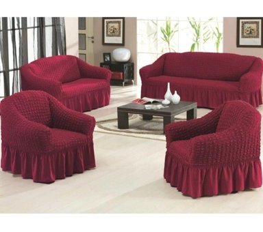 Nusret Pamuklu Bürümcük Fırfırlı Süngersiz Kareli Giydirmeli Bordo Dörtlü Koltuk Örtüsü 180x230 cm