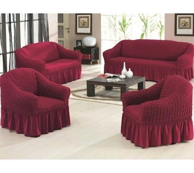 Nusret Pamuklu Bürümcük Fırfırlı Süngersiz Kareli Giydirmeli Bordo Dörtlü Koltuk Örtüsü 180x230 cm