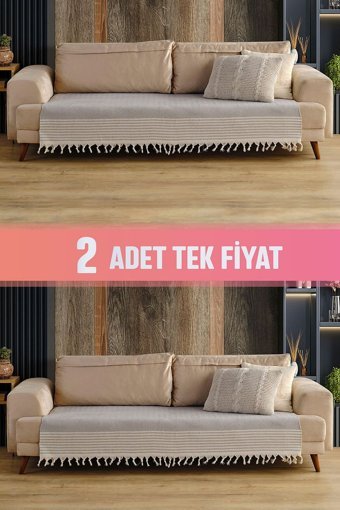 Vagonik Sofia Pamuklu Polar Saçaklı Süngersiz Geometrik Desenli Gri İkili Koltuk Örtüsü 115x201 cm