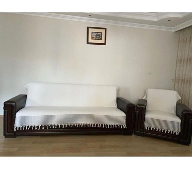 Coperta Pamuklu - Polyester Kanvas Püsküllü Süngersiz Armürlü Bej Dörtlü Koltuk Örtüsü 170x210 cm