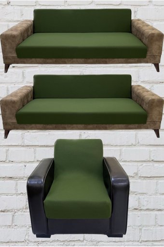 Şahane Ev Mikro Polyester Likralı Jakarlı Süngersiz Düz Giydirmeli Lastikli Haki Üçlü Koltuk Örtüsü 75x55 cm