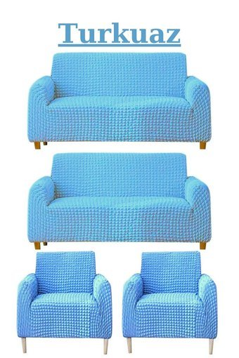 E Bahar Polyester Bürümcük Jakarlı Süngersiz Armürlü Giydirmeli Turkuaz Sekizli Koltuk Örtüsü 180x230 cm