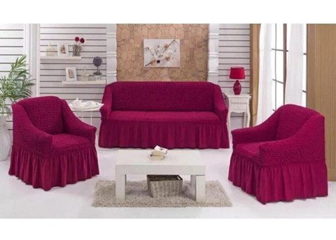 Uytm Pamuklu - Polyester Bürümcük-Likralı Drapeli Süngerli Çizgili Giydirmeli Bordo Üçlü Koltuk Örtüsü 80x120 cm