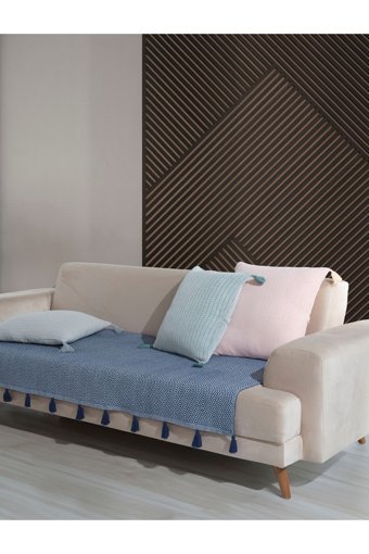 Lux Touch Lavi Pamuklu Ponponlu-Püsküllü Süngersiz Geometrik Desenli Lacivert Tekli Koltuk Örtüsü 115x201 cm