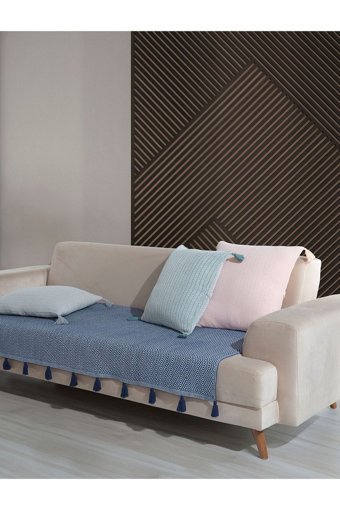 Lux Touch Lavi Pamuklu Ponponlu-Püsküllü Süngersiz Geometrik Desenli Lacivert Tekli Koltuk Örtüsü 115x201 cm