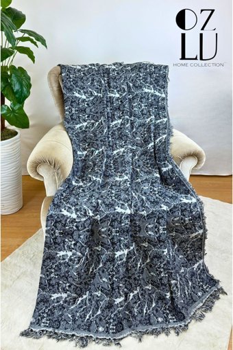 Özlü Home Pamuklu - Polyester Örgü Saçaklı Süngersiz Mermer Desenli Antrasit Tekli Koltuk Örtüsü 170x220 cm