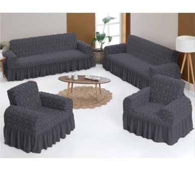 Halı Dünyası Pamuklu - Polyester Jakarlı Süngersiz Damask Desenli Giydirmeli Gri 3-3-1-1 Koltuk Örtüsü 180x230 cm