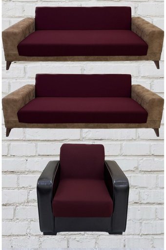 Şahane Ev Mikro Polyester Likralı Jakarlı Süngersiz Düz Giydirmeli Lastikli Bordo Üçlü Koltuk Örtüsü 75x55 cm