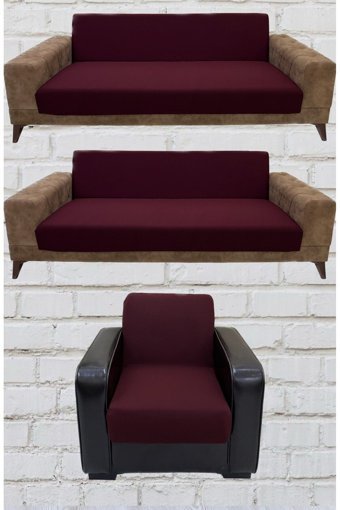 Şahane Ev Mikro Polyester Likralı Jakarlı Süngersiz Düz Giydirmeli Lastikli Bordo Üçlü Koltuk Örtüsü 75x55 cm