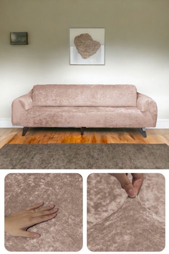 Etles Home Kadife Likralı Jakarlı Süngersiz Armürlü Giydirmeli Kahverengi Üçlü Koltuk Örtüsü 80x120 cm