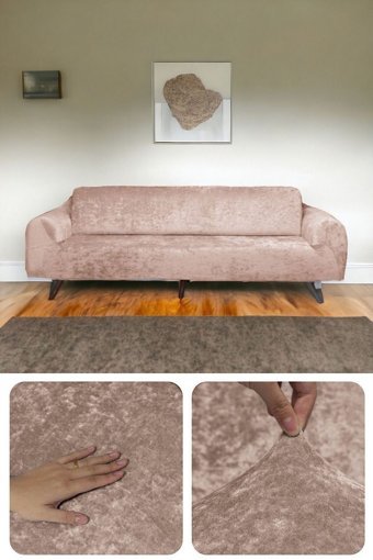 Etles Home Kadife Likralı Jakarlı Süngersiz Armürlü Giydirmeli Kahverengi Üçlü Koltuk Örtüsü 80x120 cm