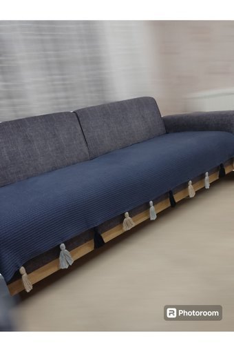 Petek Home Pamuklu Örgü Püsküllü Süngersiz Geometrik Desenli Lacivert Üçlü Koltuk Örtüsü 90x210 cm